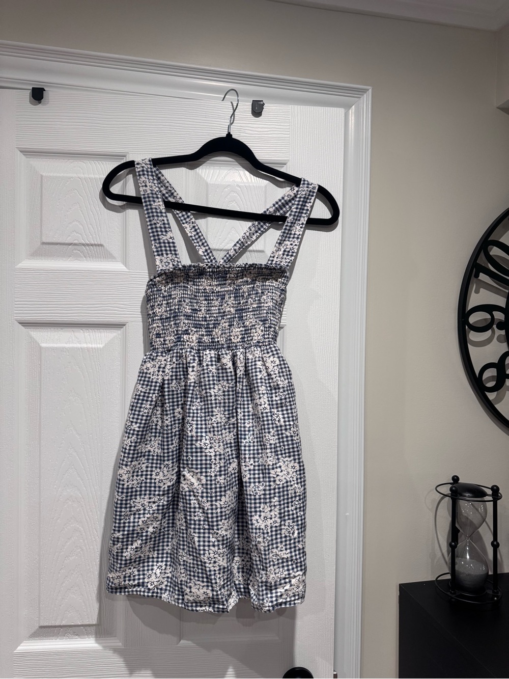 American Eagle Smocked Gingham Floral Sundress - Blue and White